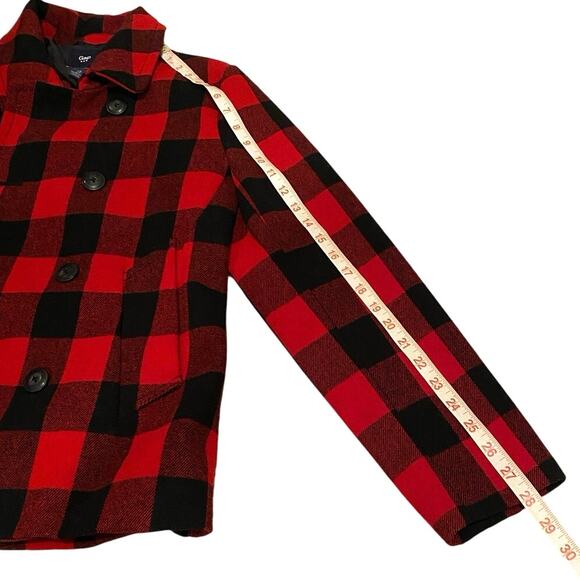GAP Tea Plaid Buffalo Check Wool Pea Coat Size S Red Black Double Breasted Twee - Picture 11 of 11